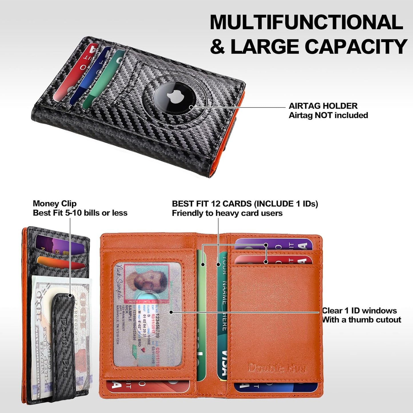 Slim Wallet for Men Credit Card Holder Wallet RFID Blocking Bifold Mens Slim Wallet,Thin Minimalist Front Pocket Mens Leather Wallets,Smart Security Carbon Fiber Mini Small Compact Wallet & Money Clip