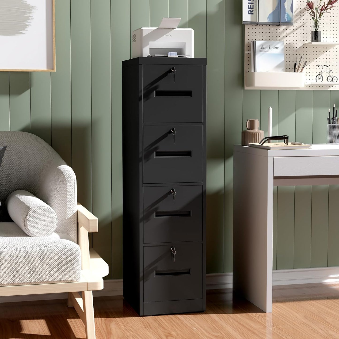 File Cabinet 4 Drawer with Lock, Vertical Filing Cabinets for Home Office, Metal Steel Storage Cabinet for Letter/Legal Size File, Assembly Required(Black)