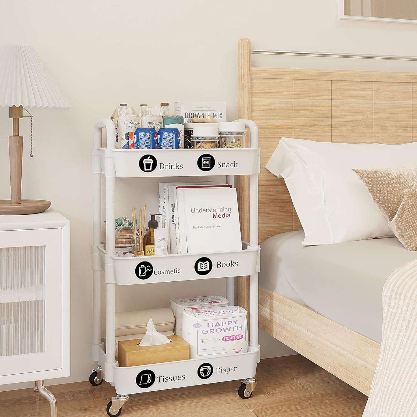 UDEAR 3-Tier Rolling Utility Cart with 12 Category Labels,Multifunctional Storage Shelves with Handle and Lockable Wheels for Room,Office,Kitchen,Bathroom,White