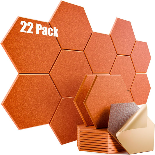 22 Pack Self-adhesive Acoustic Panels 12" X 10" X 0.4" - Sound Proof Foam Panels with High Density, Hexagonal Design, Flame Resistant, Absorb Noise and Eliminate Echoes(Tangerine)