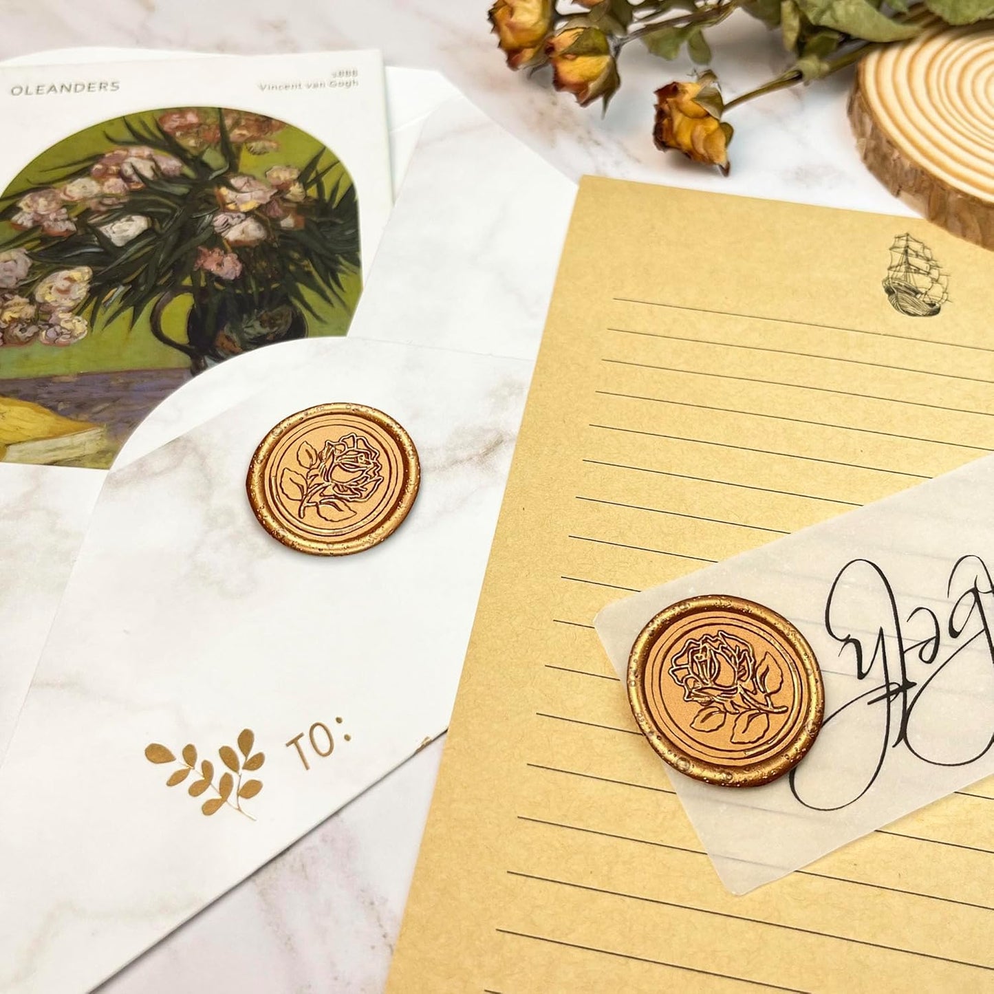 25Pcs Wax Seal Stickers Handmade Envelope Seals Self Adhesive Wax Stickers for Wedding Party Invitations, Envelope, Gift Wrap, Christmas(Rose Style, Antique Gold)