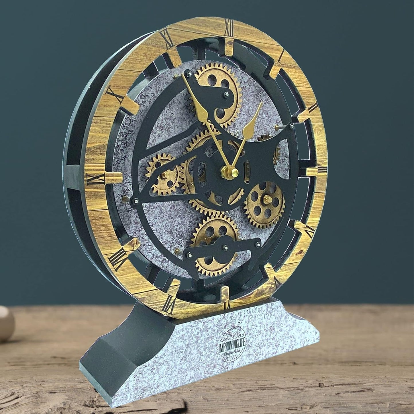 Desk Clock 10 inches with Real Moving Gears Convertible into Wall Clock (Brown and Grey)