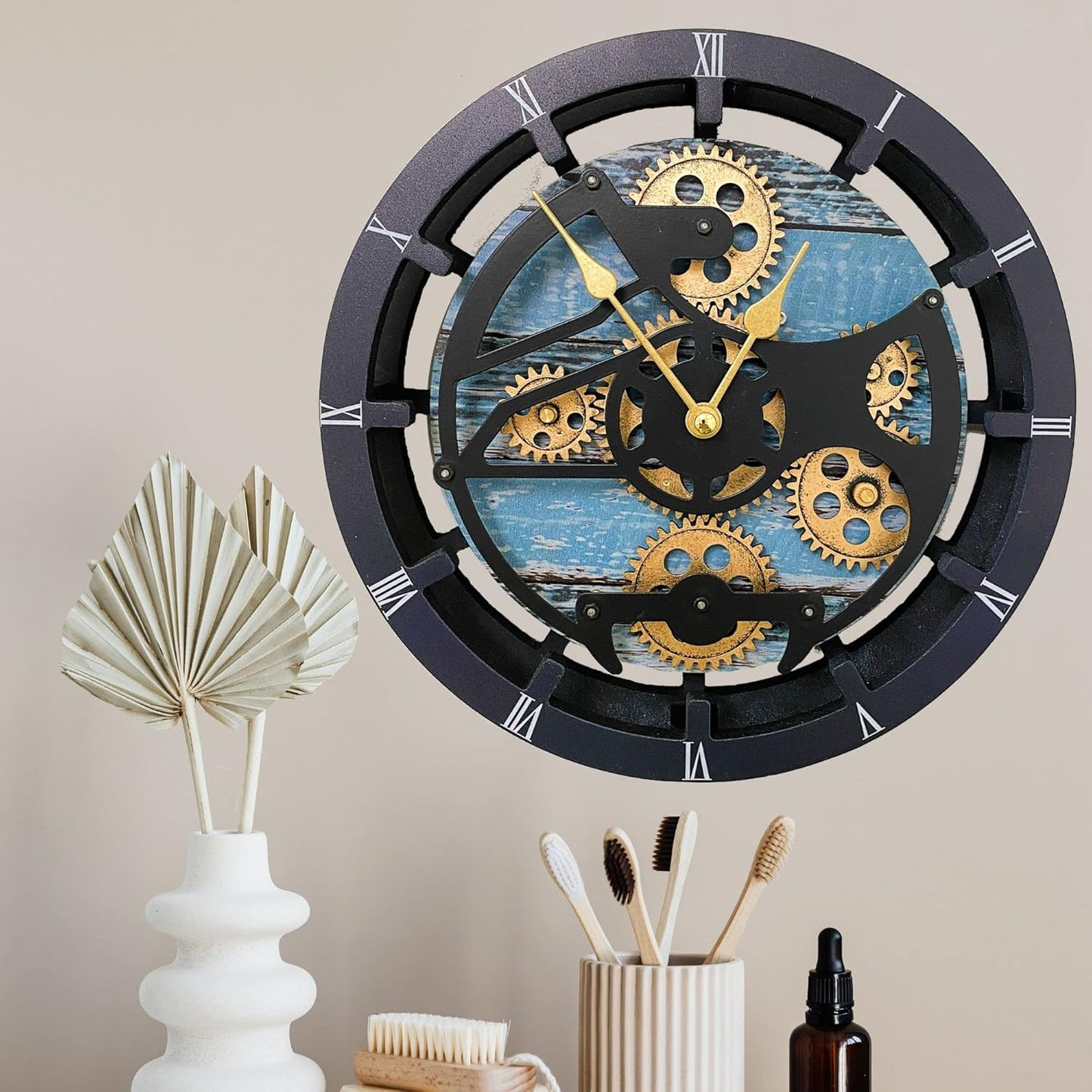 The Gears Clock 16 inches Wall Clock with Real Moving Gears Convertible into a Big Mantel Clock (Aqua Green)