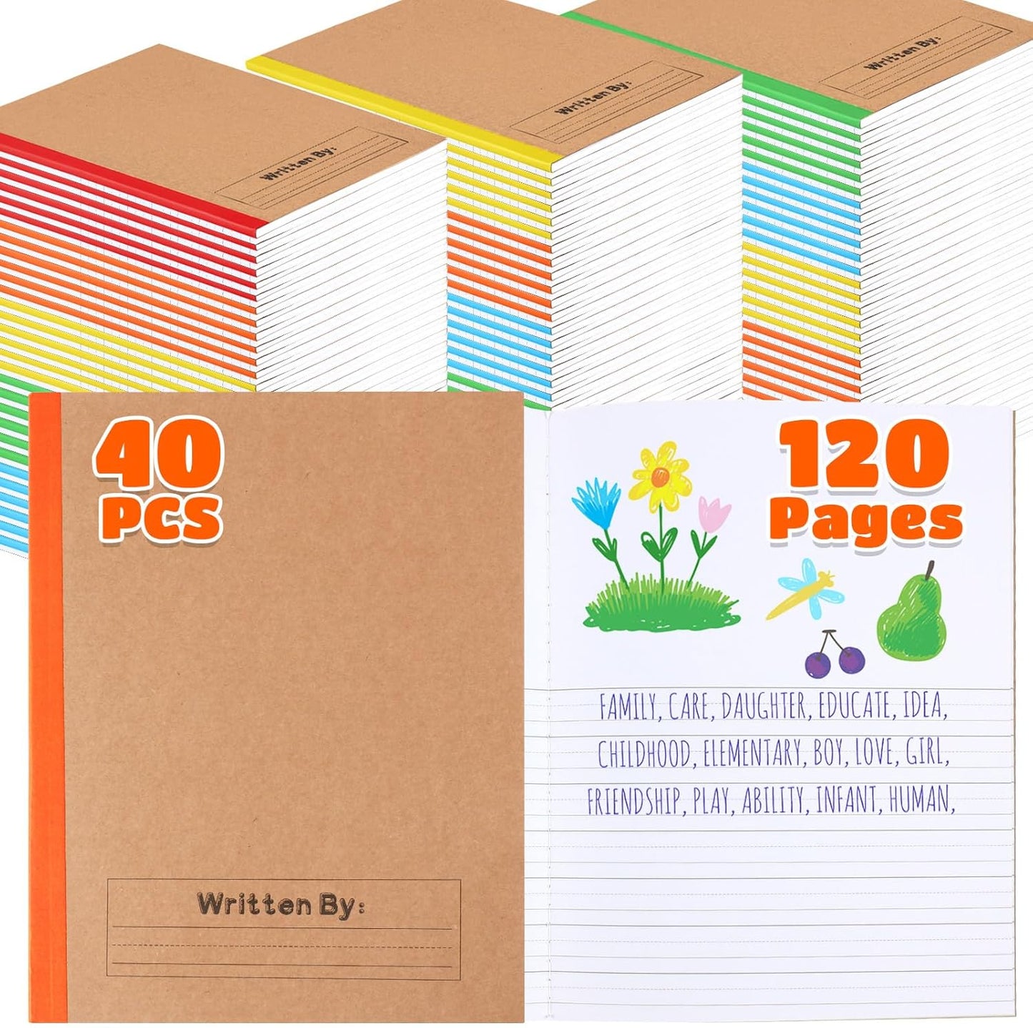 Henoyso 40 Pcs 120 Pages Primary Composition Notebooks K-2, Primary Journal Grades K-2, Writing Journal Practice Notebook for Kids in Preschool, Kindergarten, Back to School Supplies (Rainbow)