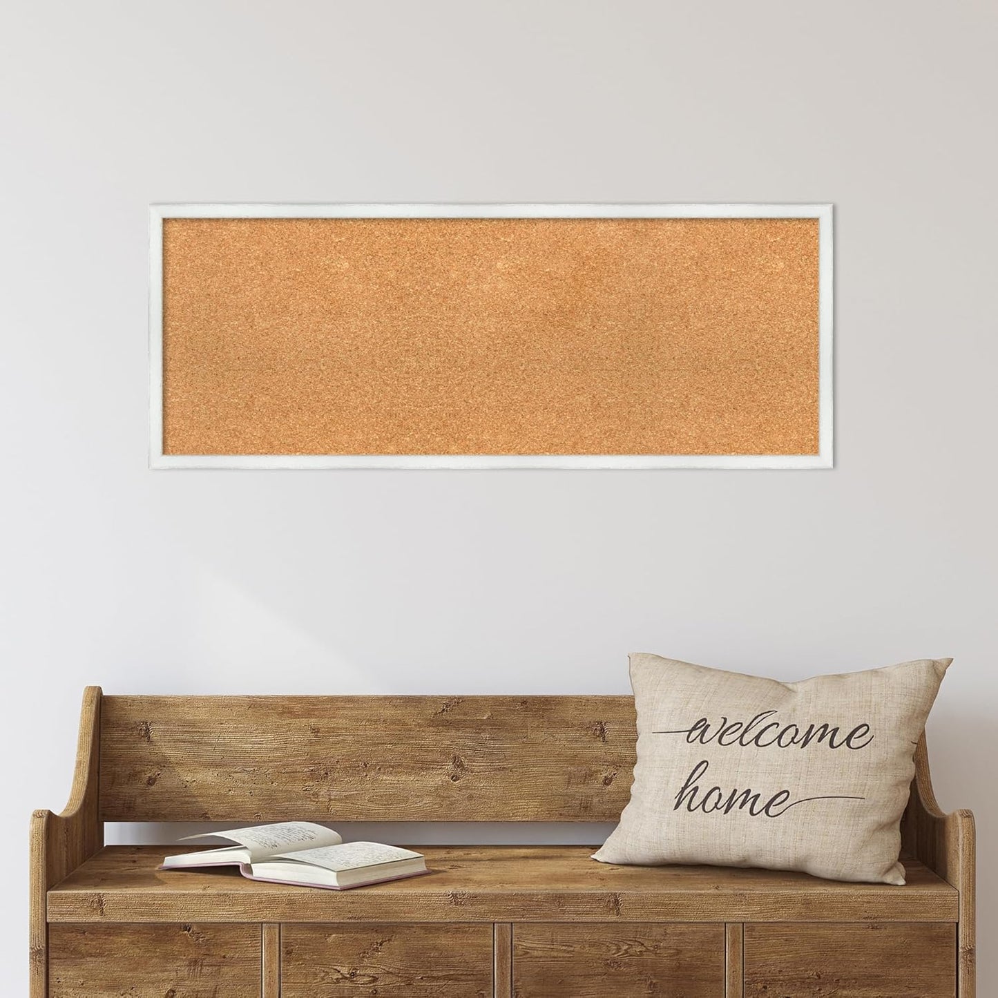 Amanti Art Natural Cork Board for Wall, 15x39 Vision Board with White Frame, Medium Corkboard Office Decor for Home Organization, Country Rustic Corkboard Pinboard to Display Items for Home