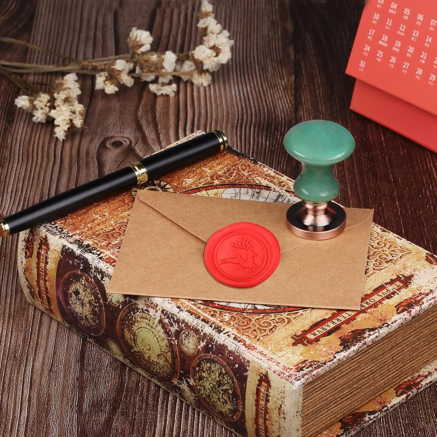 rockcloud Wax Seal Stamp Set, 4 Pieces Sealing Wax Stamps Copper Seals with 1 Green Aventurine Seal Handle for Cards Envelopes Invitation Decoration, Christmas Theme