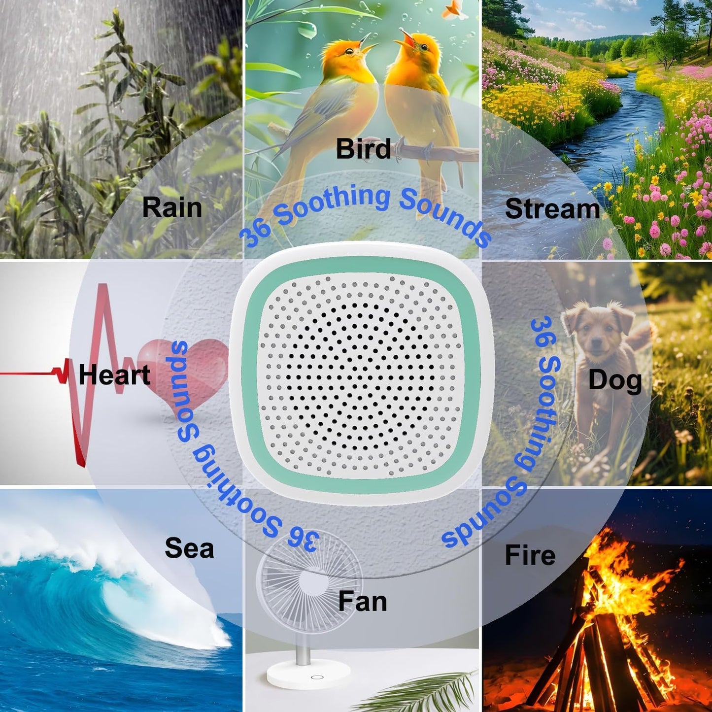 White Noise Machine,Wireless Connect Sound Machine with 36 Soothing Sounds, Sleep Machine for Adults Baby Kids，Memory Function,3 Timers,15 Volume Levels for Home, Office, Travel. (White-Green, Samll)