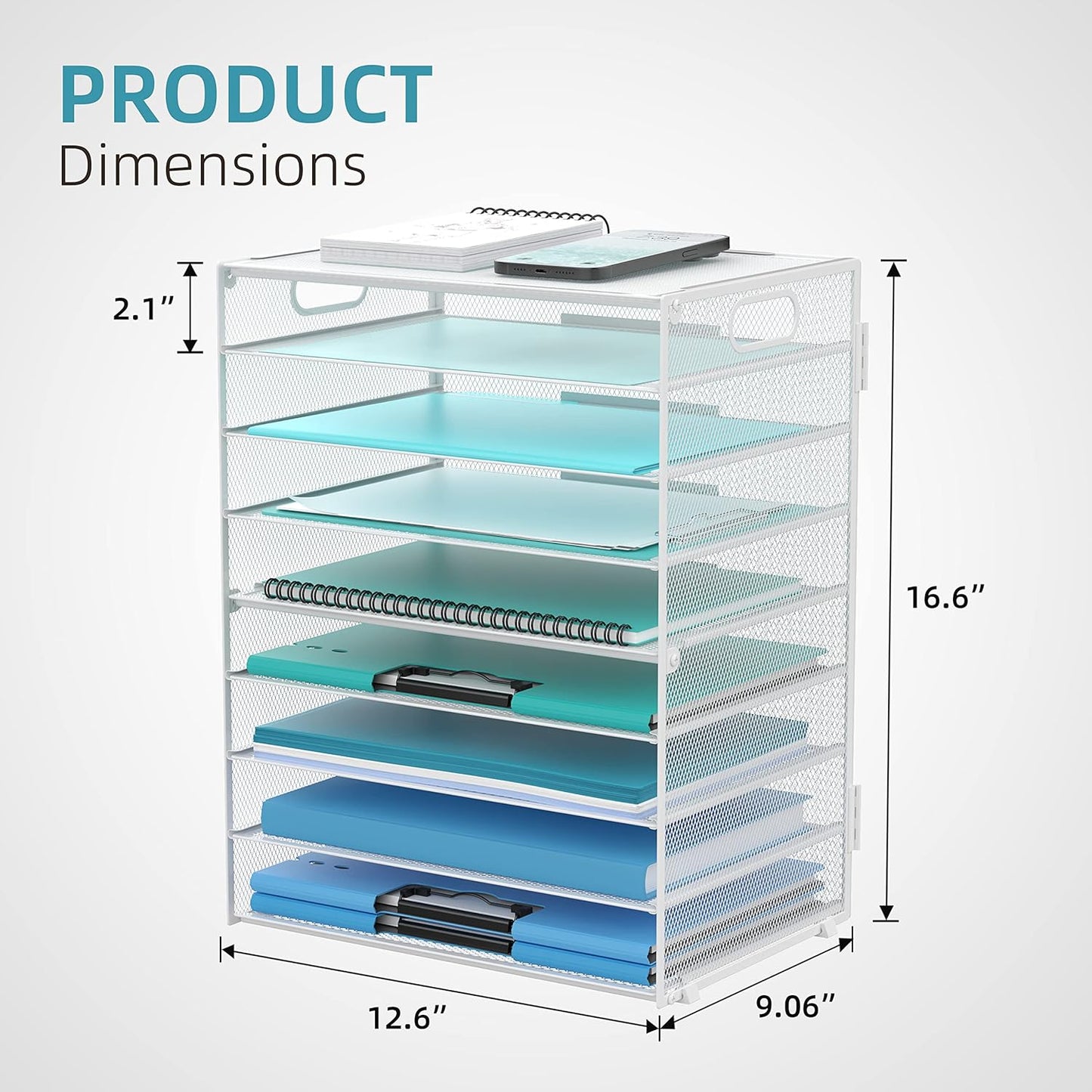 DALTACK 9-Tier Paper Letter Tray Desk Organizer with Handles, Mesh File Holder Organization, Paper Sorter Desk Organizer for Office Home School, White