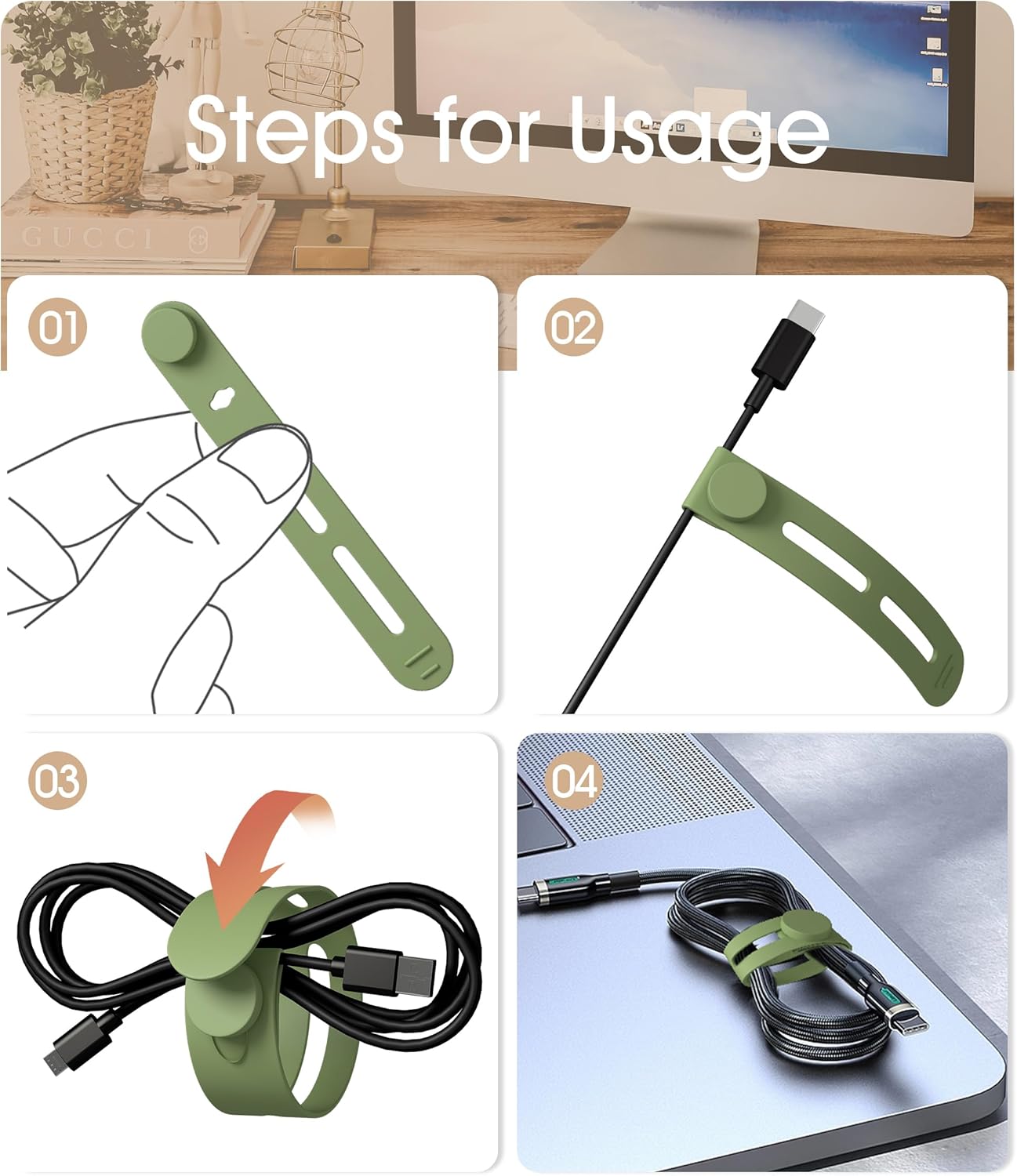 40Pcs Nearockle Reusable Cable Ties, Adjustable Silicone Cord Organizer Small Zip Ties for Charging Cords Earphone Computer Wire, Office Desk Cable Management Travel Accessories(4 Colors)