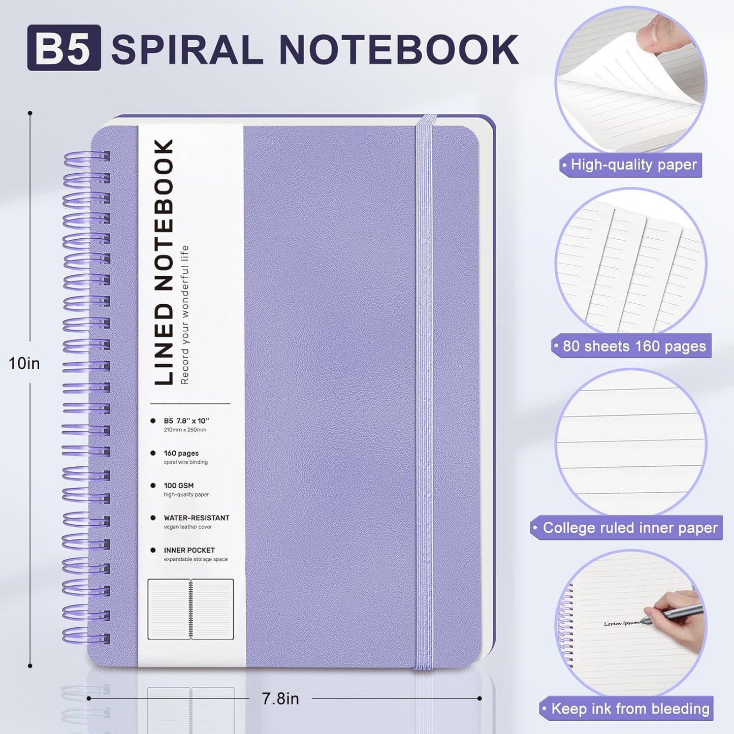 Lined Spiral Journal Notebook, B5 Hardcover Leather Notebook for Work, 7.8''×10'', 100GSM Thick Paper Spiral Bound Journaling Notebooks for Women & Men Office School Note Taking Business, Purple
