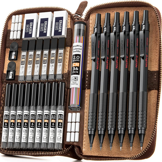 Nicpro 30PCS Black Metal Mechanical Pencil Set in Leather Case, Art Drafting Pencil 0.5, 0.7, 0.9 mm, 2mm Lead Pencil Holders for Sketching Drawing With 16 Tube (6B 4B 2B HB 2H 4H Colors)Lead Refills
