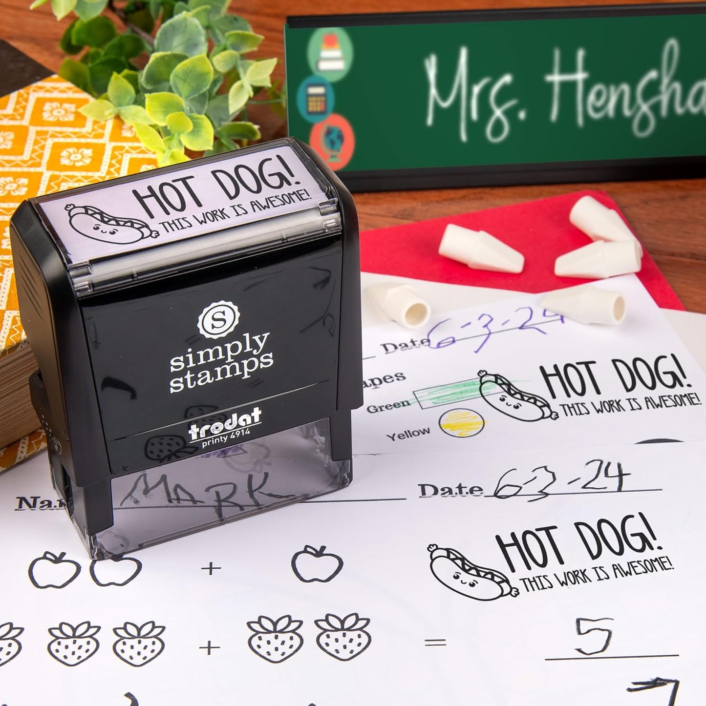 Custom Self-Inking Teacher Stamps | 49 Designs | Fun Phrases | Grading Made Easy | Classroom and Library Book Stamps (Hot Dog!, Xtra Large)