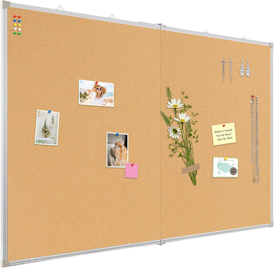 Double-Sided Large Cork Board, 48" x 36" Foldable Hanging Aluminum Framed Bulletin Board, Vision Board Pin Board Corkboards for Walls, Office, School Decor, 20 Pushpins