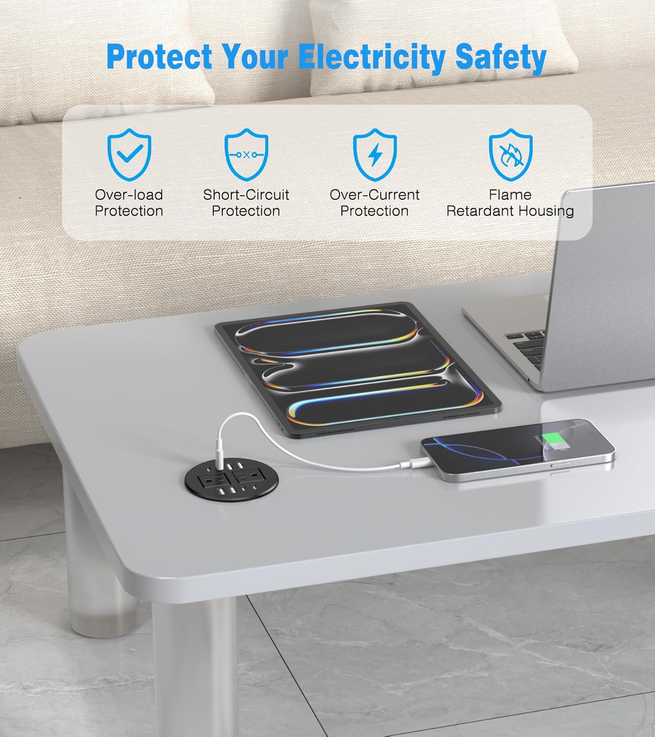 40W Recessed Power Grommet Outlet, 3.15 inch Desk Grommet Power Outlet with 8 USB Ports for Conference Rooms, Office Tables, Furniture, 6FT Cord