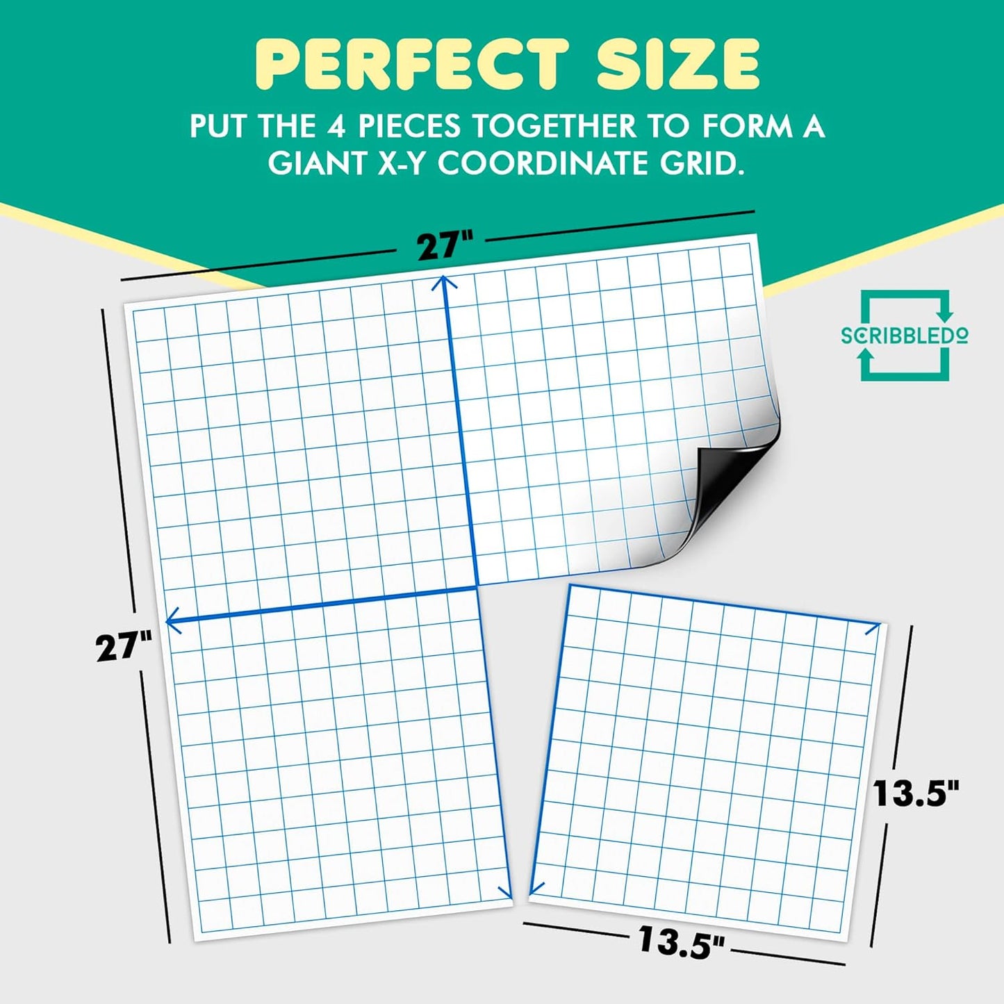 Scribbledo Jumbo Magnetic Coordinate Plane 27" x 27" White Board Dry Erase Graph Grid Board XY Coordinate Plane Grid Whiteboard Math Teacher Supplies