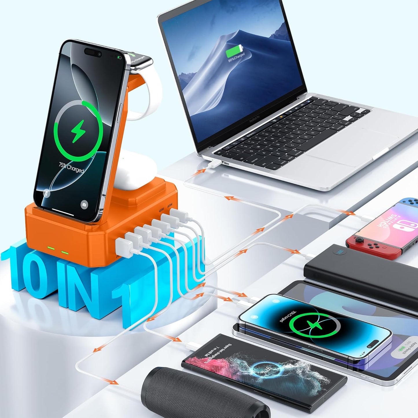 300W Charging Station for Multiple Devices Apple, Zutspzss 10 in 1 Wireless Charger for iPhone 16, GaN III USB C 65W PD Fast Charging Stand Dock for MacBook, Apple Watch&Airpods,Orange