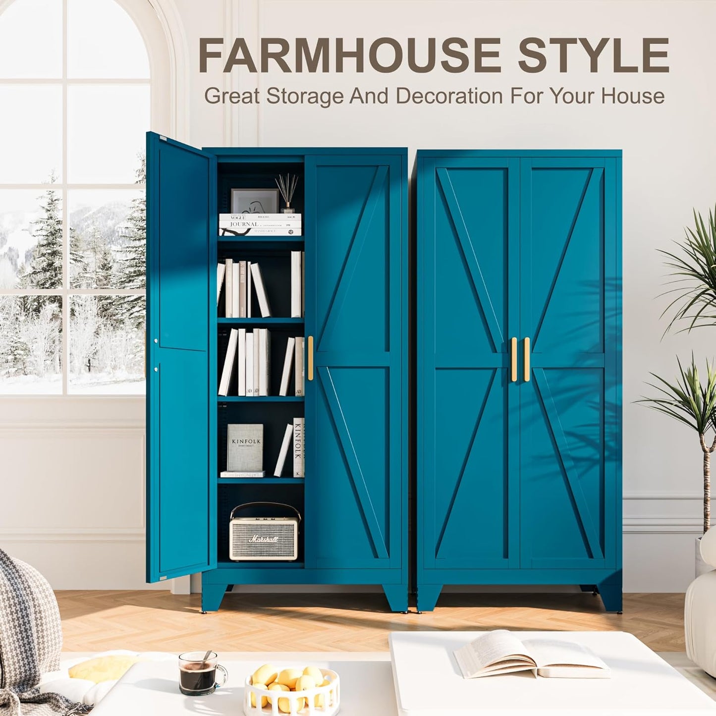 71H Tall Metal Storage Cabinet with 2 Doors and 5 Shelves,Farmhouse Storage Cabinet with Barn Doors,Pantry Storage for Home,Office,Bathroom,Dining Room,Kitchen(Blue)