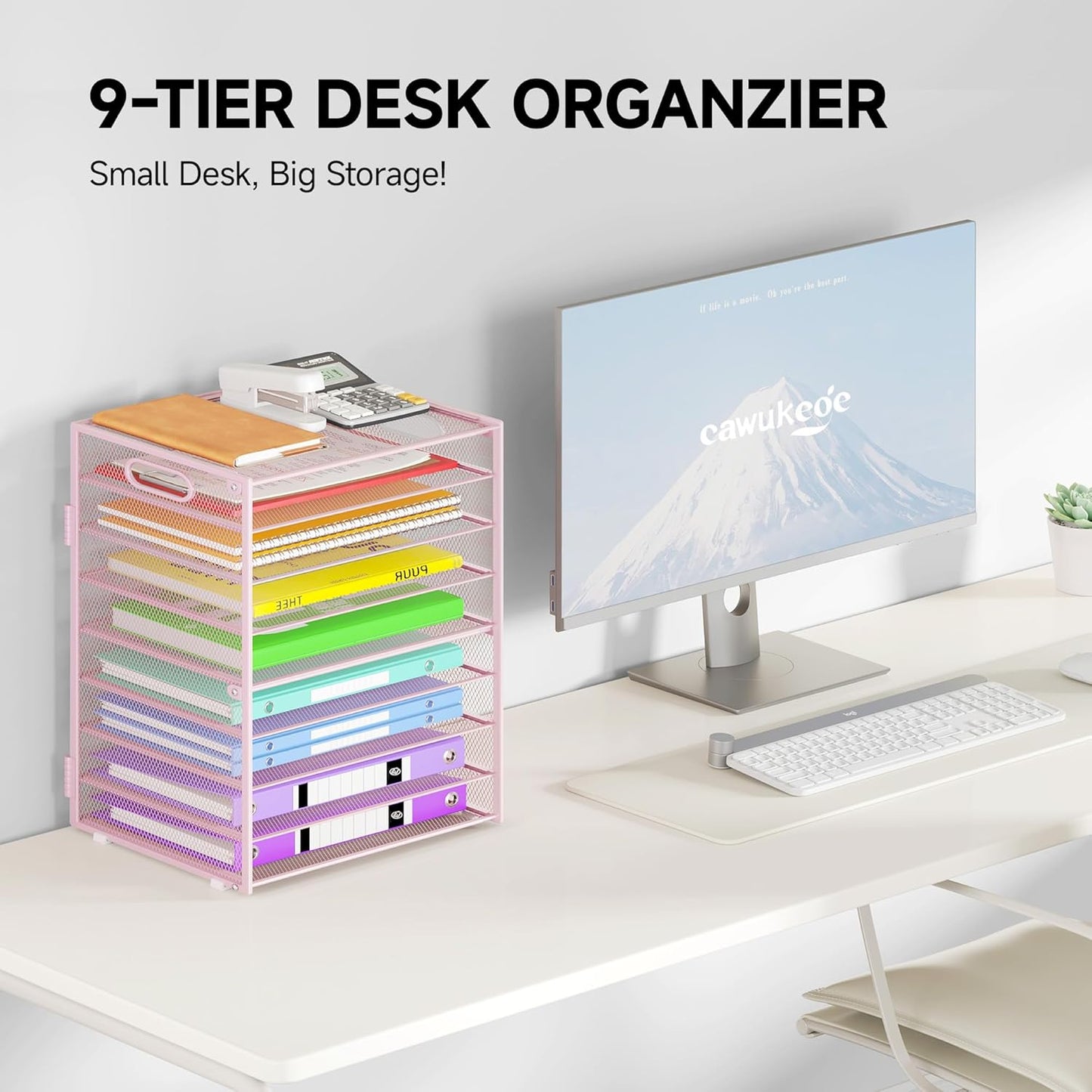 9 Tier Paper Organizer with Handle, Large Capacity Desk Organizer Mesh File Folder Letter Paper Tray Desktop Document Sorter for Classroom, School, and Office Accessories Organization- Pink
