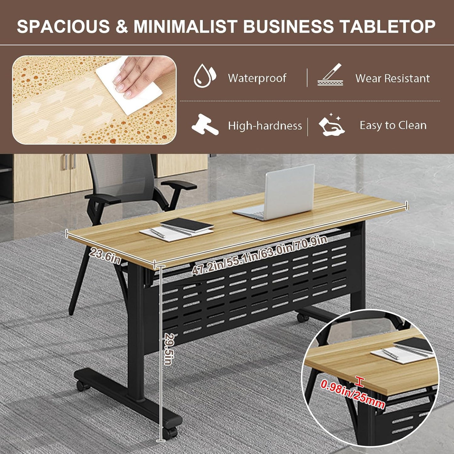 Folding Conference Room Table, Modern Conference Tables with Wheels, Large Rectangular Mobile Training Tables for Office Classroom, Foldable Modular Boardroom Seminar Table Maple (4pack L63in)