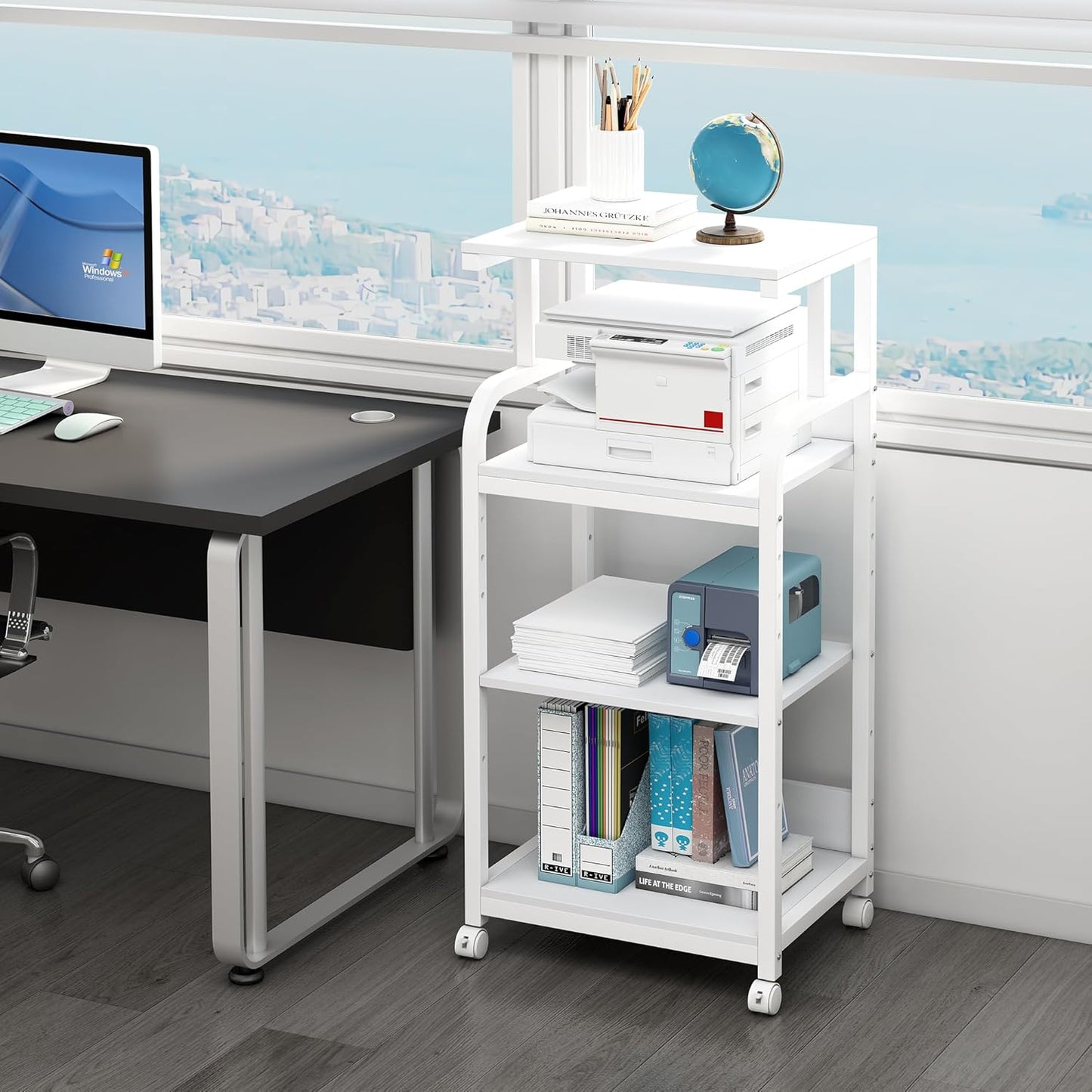 4 Tier White Printer Stand Table with Adjustable Shelves, Movable Printer Shredder Stand with Wheels for Home Office Storage and Organization, Rolling Cart for Computer Tower CPU