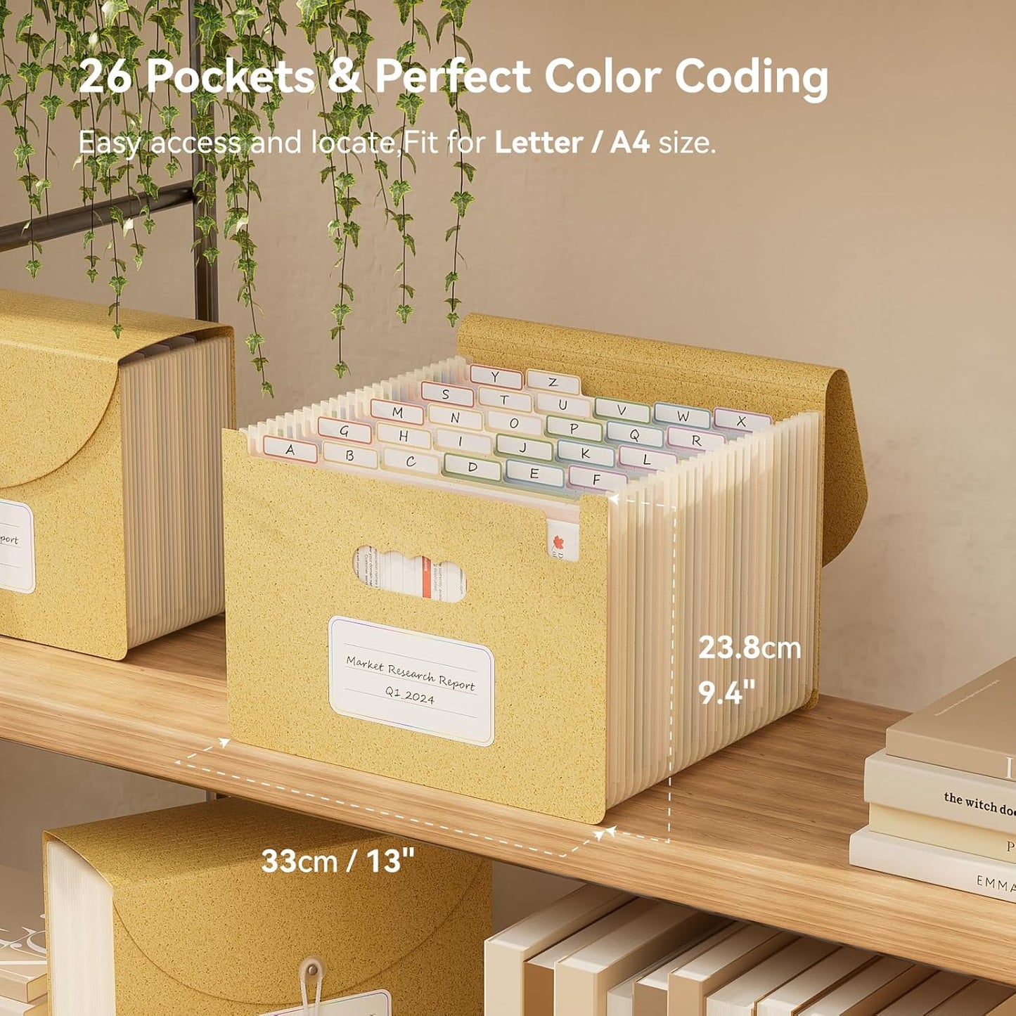 Accordion File Organizer, 26 Pockets Wheat Straw Expanding File Folder, Monthly Bill Receipt Organizer, A-Z Tabs, 100% BPA Free, Return to Nature, Healthy Living, Letter/A4 Size-Wheat Yellow