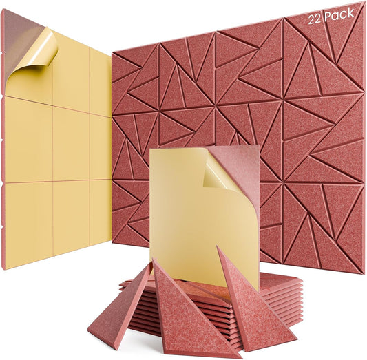 22 pack Acoustic Panels With Self-Adhesive, 12"X 12"X 0.4"Sound Proof Foam Panels, Sound Panels High Density, Soundproof Wall Panels for Home Studio Office Red