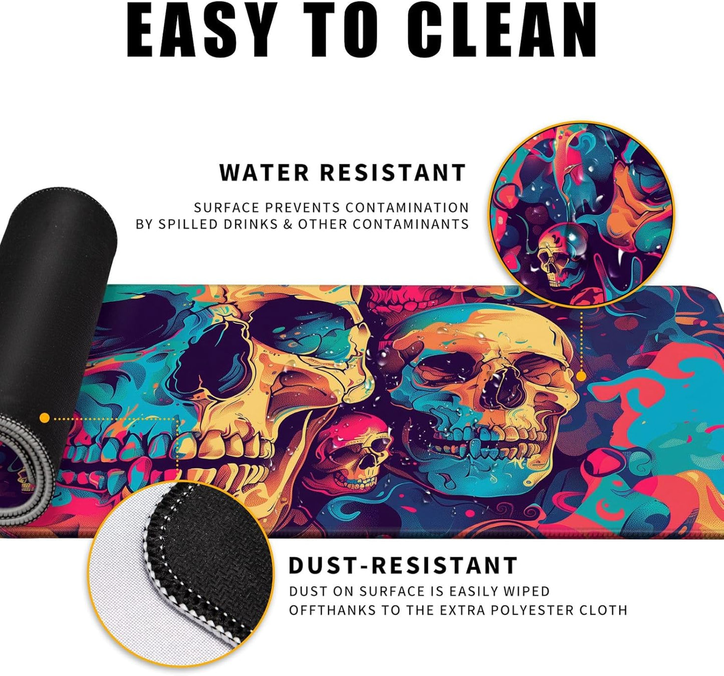 Desk Mat Psychedelic Desk Accessories Skulls Extended Gaming Mouse Desk Pad Decorations for Office Keyboard Mousepad Mat31.5x11.8in, Stitched Edge Non-Slip Bottom Large Mouse Pad