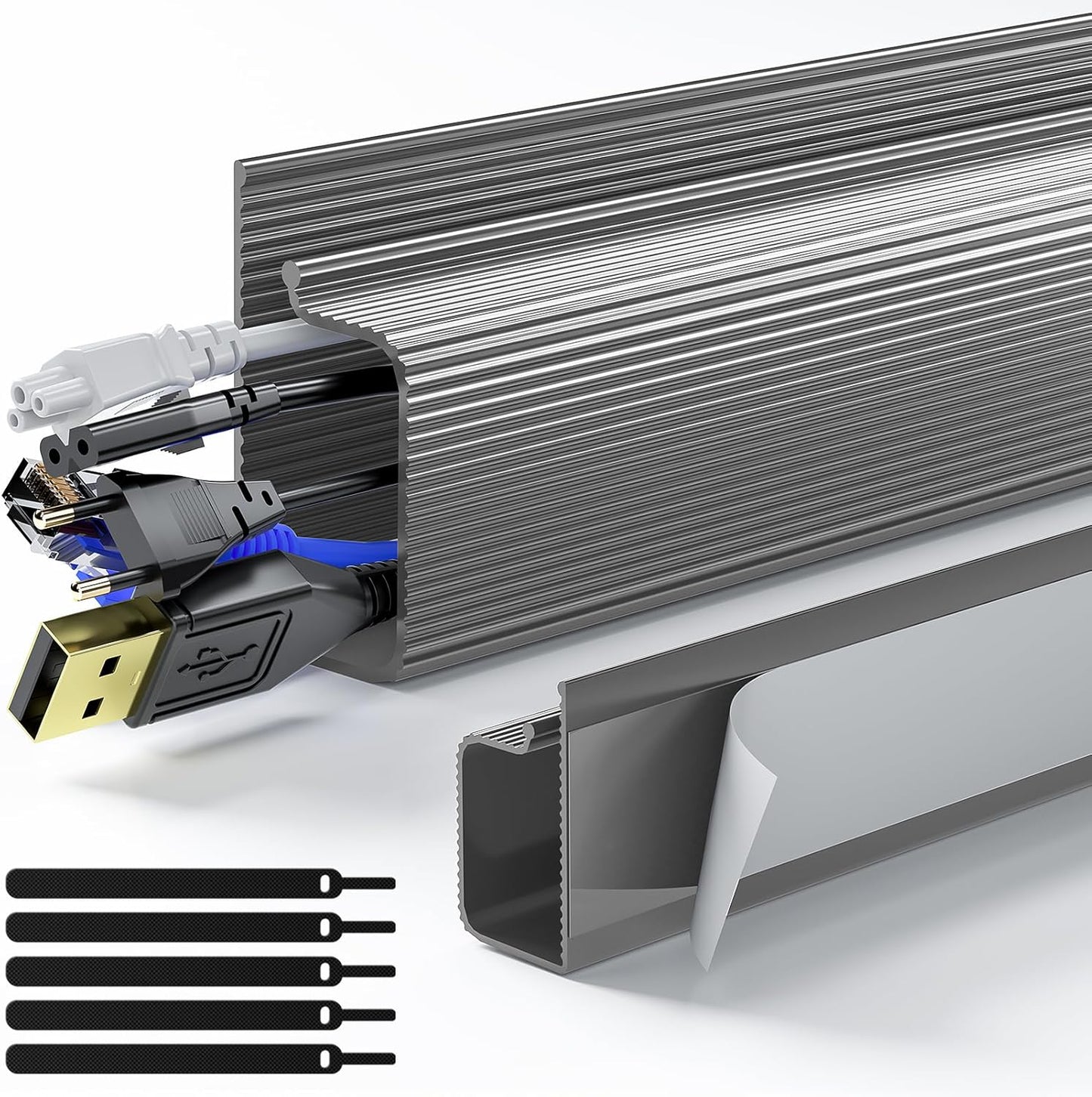 Delamu 2 Pack 15.7in Under Desk Cable Management, 2 Pack Safe Tidy Cable Management Under Desks for Home Office, Cord Organizer for Desk, Wire Organizer Kit, Grey