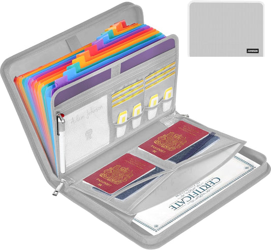 JUNDUN Accordion File Organizer - 12 Pocket Expanding File Folder with Zipper & Labels - Fireproof File Folder Organizer with Multi-Pockets,Document Organizer for Letter A4 Files and More (Silver)
