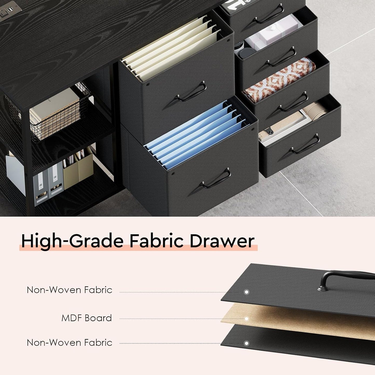 6 Drawer File Cabinet with Charging Station Rolling Printer Stand with Open Storage Shelf Fabric Lateral Filing Cabinet for Home Office,Black