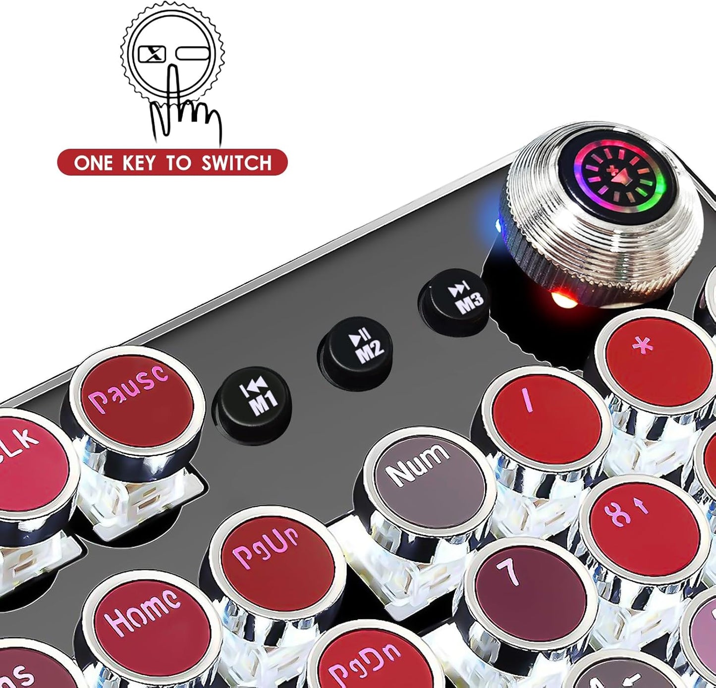 Basaltech Typewriter Style with White LED Backlight,Vintage Mechanical Gaming Keyboards with Lipstick Round Keycaps, Blue Switches 104-Keys Wired Keyboard Metal Panel for Laptop/pc