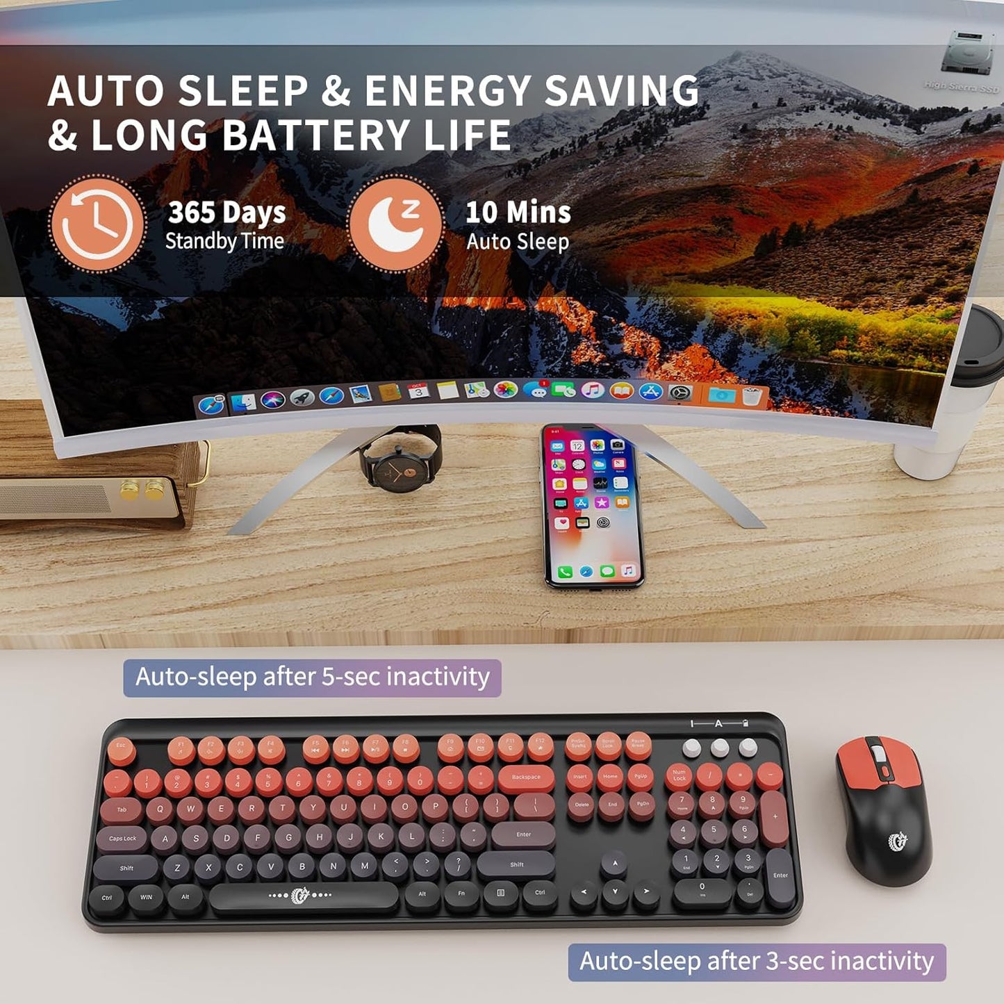 FOPETT Wireless Keyboard and Mouse Combo, 104 Keys Full-Sized 2.4 GHz Round Keycap Colorful Keyboards, USB Receiver Plug and Play, for Windows, Mac, PC, Laptop, Desktop (BlackOrange)