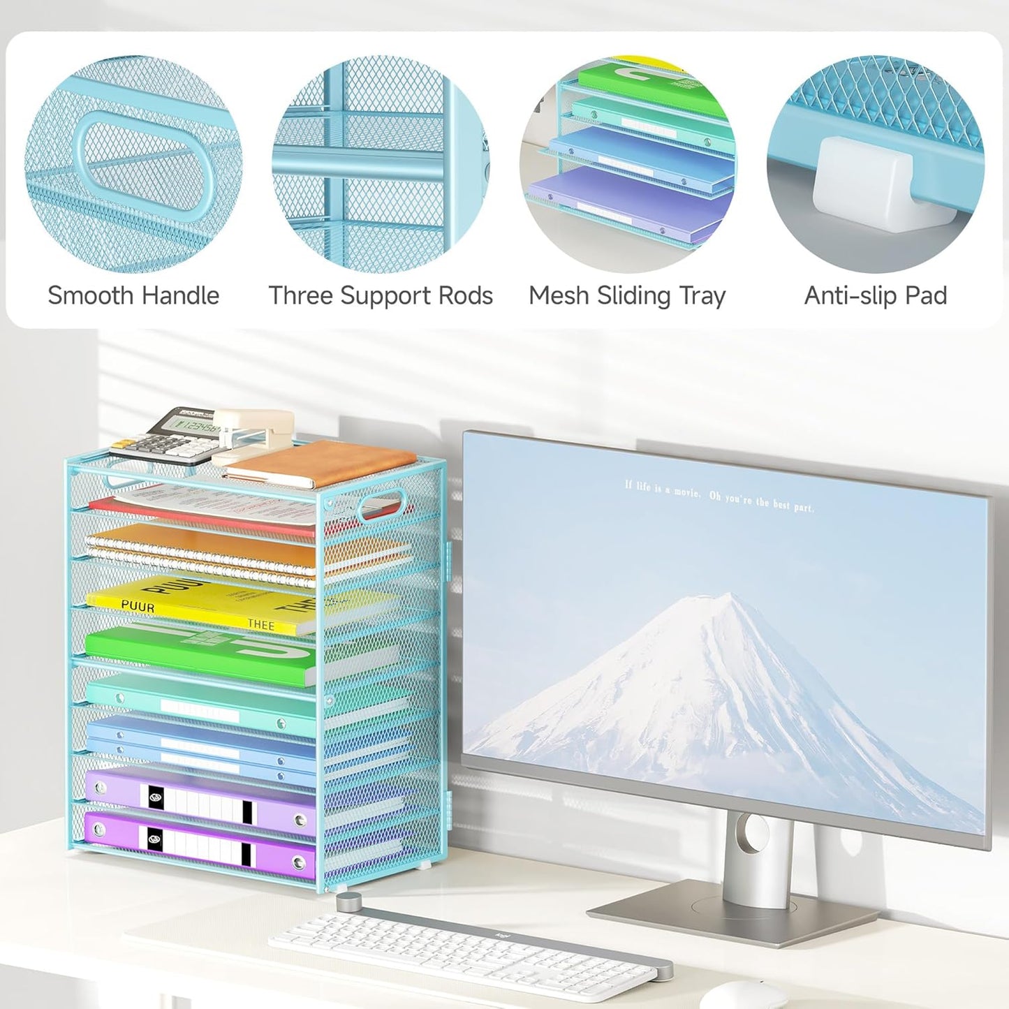 9 Tier Paper Organizer with Handle, Large Capacity Desk Organizer Mesh Paper Letter Tray File Folder Document Sorter for Classroom and Office Accessories Organization- Blue (2 Pack)