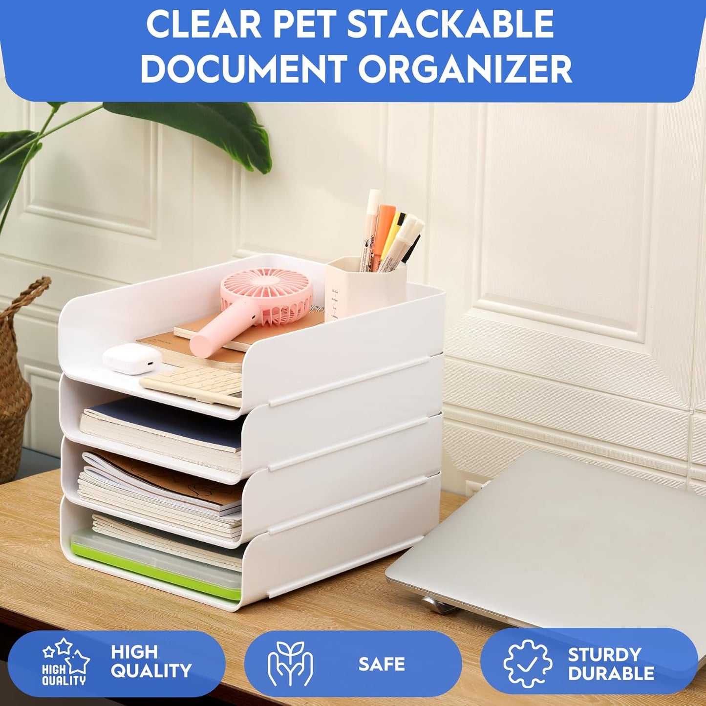 Set of 4 Office Organization and Storage, Clear PET Letter Tray Desk Organizer, Stackable Document Organizer, Office Supply Organizer for Notes, Pens, File Paper, Desk, White