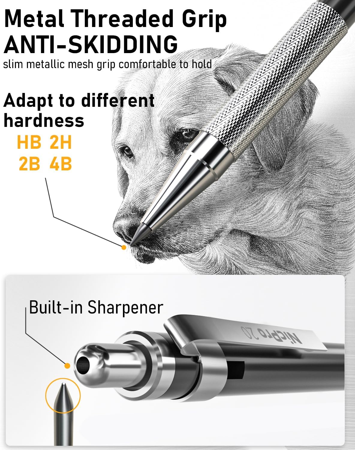 Nicpro 6 PCS Art Mechanical Pencil Set, Black Metal Drafting Pencil 0.3, 0.5, 0.7, 0.9 mm & 2PCS 2mm Graphite Lead Holder(4B 2B HB 2H) For Writing Sketching Drawing With 8 Lead Refills Eraser Case