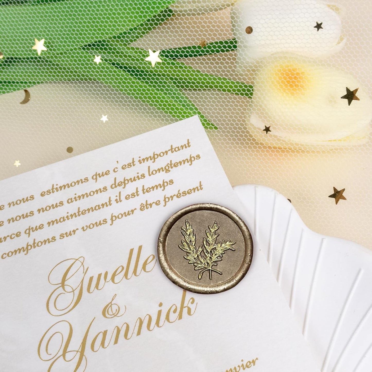 25Pcs Gold & Champagne Gold Seal Stickers Handmade Envelope Seals Self Adhesive for Wedding Party Invitations, Gift Wrap, Christmas (Gold Rosemary Style, Champagne Gold Wax)