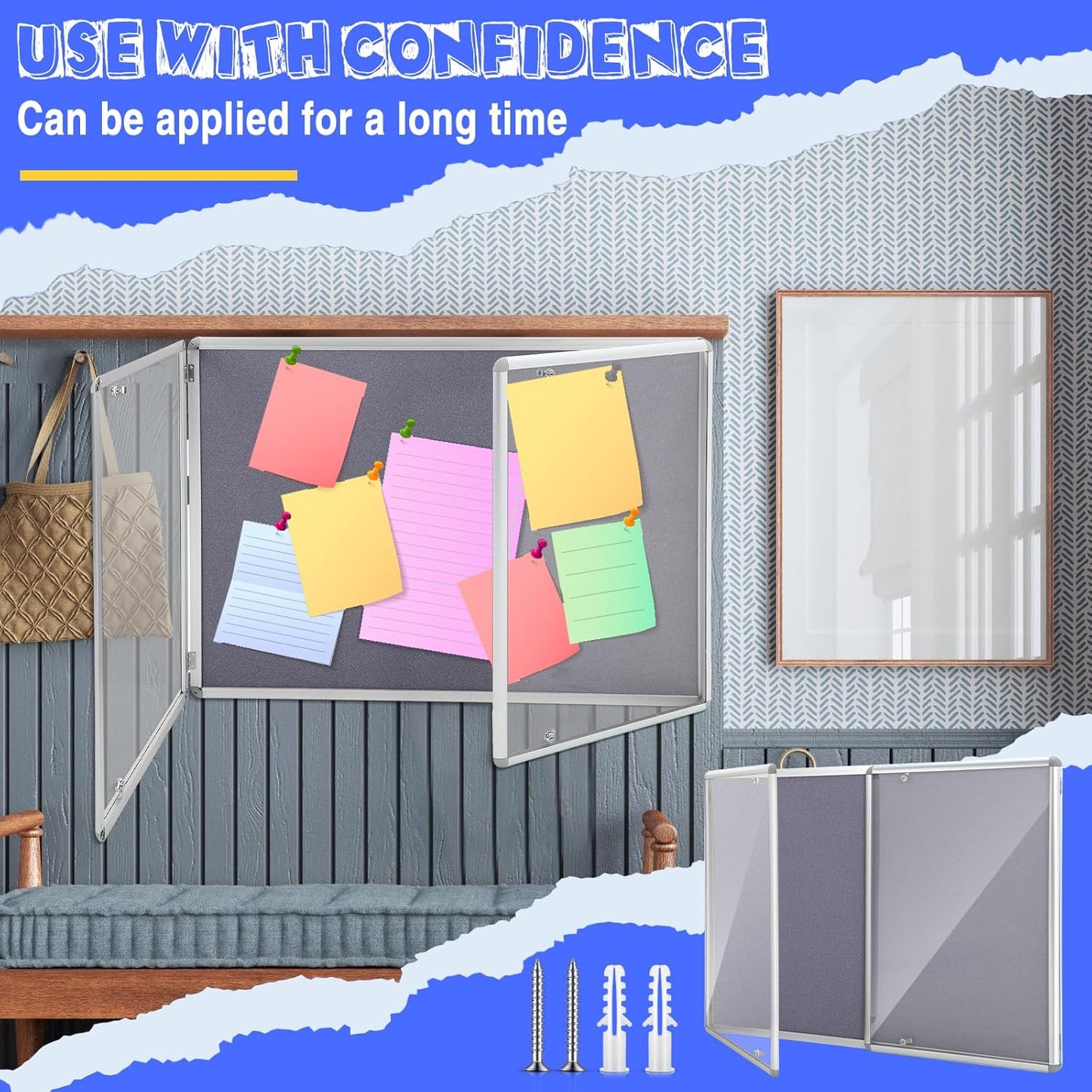 2 Pack Enclosed Bulletin Board 48"x36" Weather Resistant Lockable Enclosed Notice Cork Case Display Board Wall Mounted 2 Locking Door Aluminum Frame for Back to School Classroom, 12xA4(Gray)