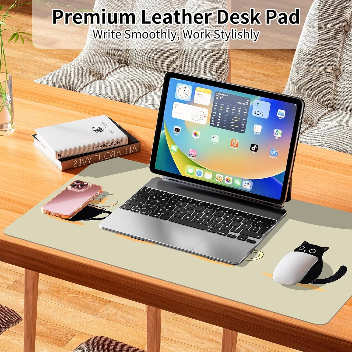 Bloss Leather Mouse Pad,Beige Anime Large Desk Pad,Cute Kawaii Cartoon Cat Desk Mats for Keyboard and Mouse,Waterproof Computer Laptop Desks Protector Mat for Office/Home/Women Gift,31.5" x 15.7"