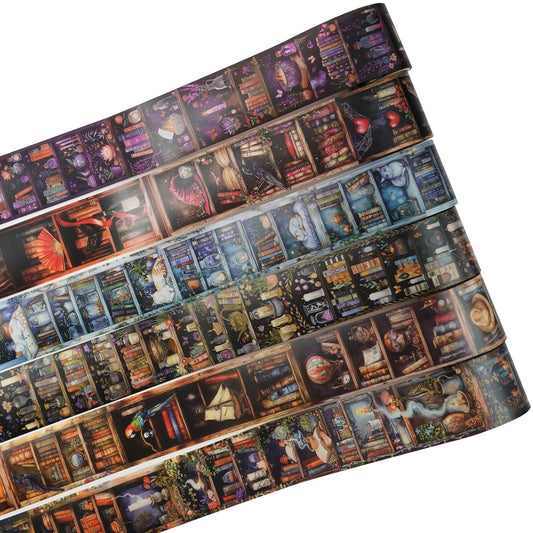 6 Rolls Dark Magic Bookcase PET Tape Set with Clip, Waterproof Gothic Scrapbook Sticker Rolls for Journaling, Bullet Diary, and Ephemera Craft Supplies