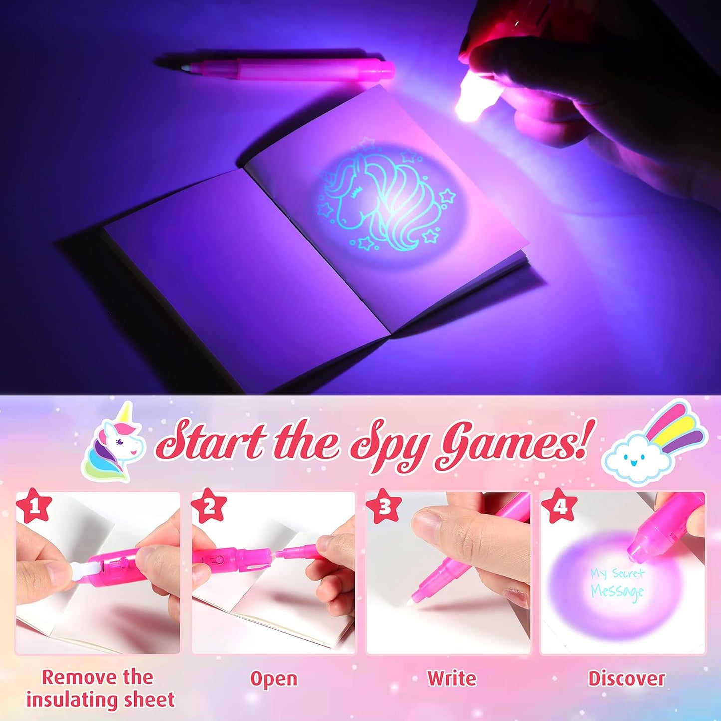 GIFTINBOX Unicorn Party Favors for Kids 4-8, 24Pack Invisible Ink Pen and Notebook, Invisible Ink Spy Pen with UV light for Kids, Classroom Prize Goodie Bag Stuffers Unicorn Toys for Kids Girls
