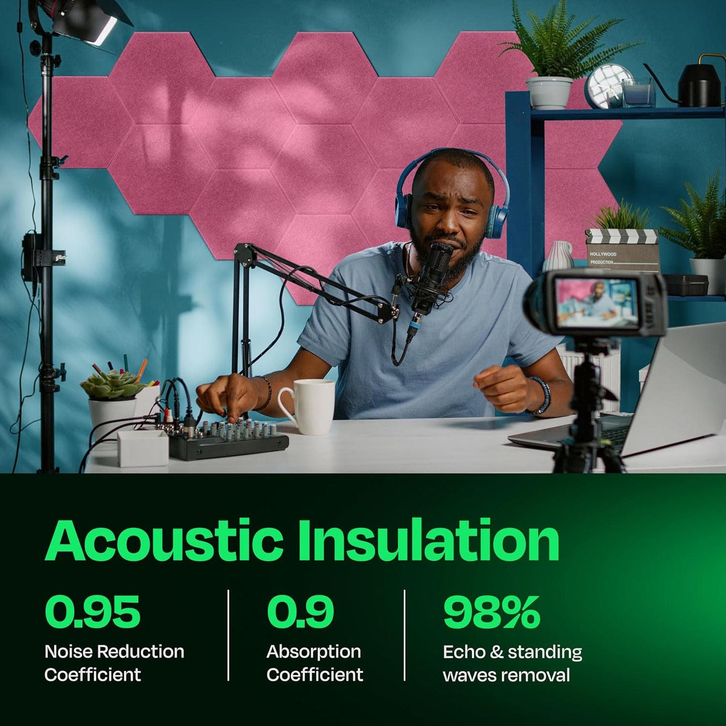 Acoustic Panels 12-Pack Soundproof Wall Panels 14"X12.1"X0.4" Sound Panels High Density Sound Dampening Panels - [Chic Pink Hexagon]