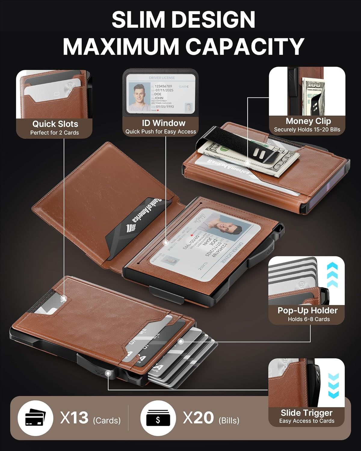 typecase Wallet for Men: Rfid-blocking with Money Clip Slim Leather Bifold ID Window Smart Pop Up Card Case Front Pocket Wallet with Gift Box (Light Brown)