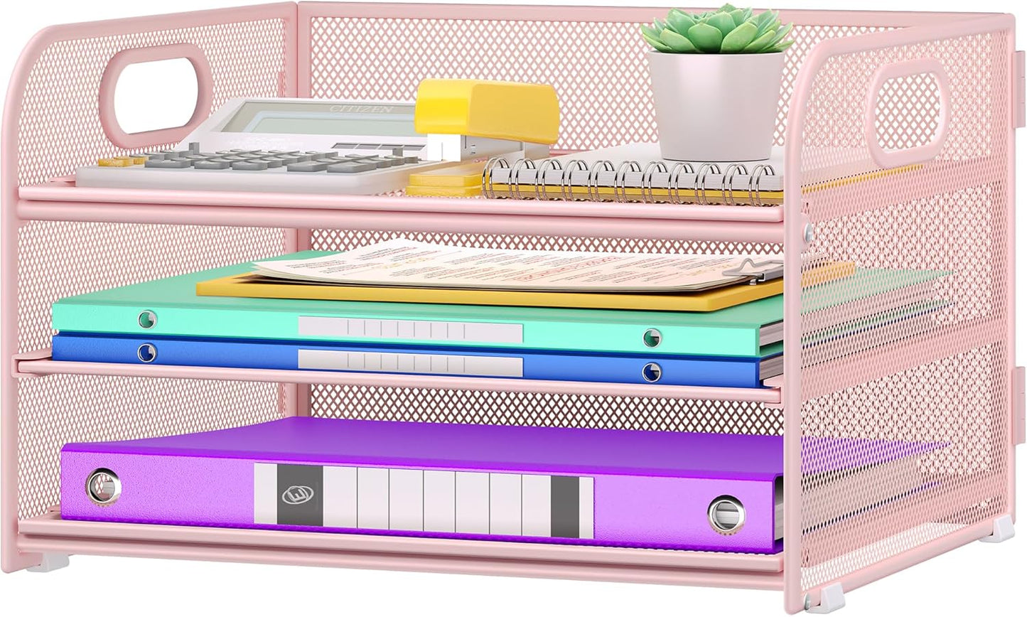 3 Tier Paper Organizer with Handle, Metal Desk Organizer Mesh Paper Letter Tray Desktop File Folder Document Sorter for Classroom, School, Office Accessories Organization and Storage - Pink
