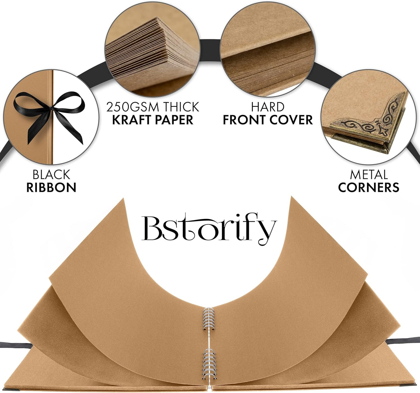 Bstorify Large Scrapbook, 11 x 11 inch, 40 Sheets (80 Pages) Brown Thick 200 GSM Kraft Paper, Memory Book, Ribbon Closure - Ideal for Your Scrapbooking, Art & Craft Projects