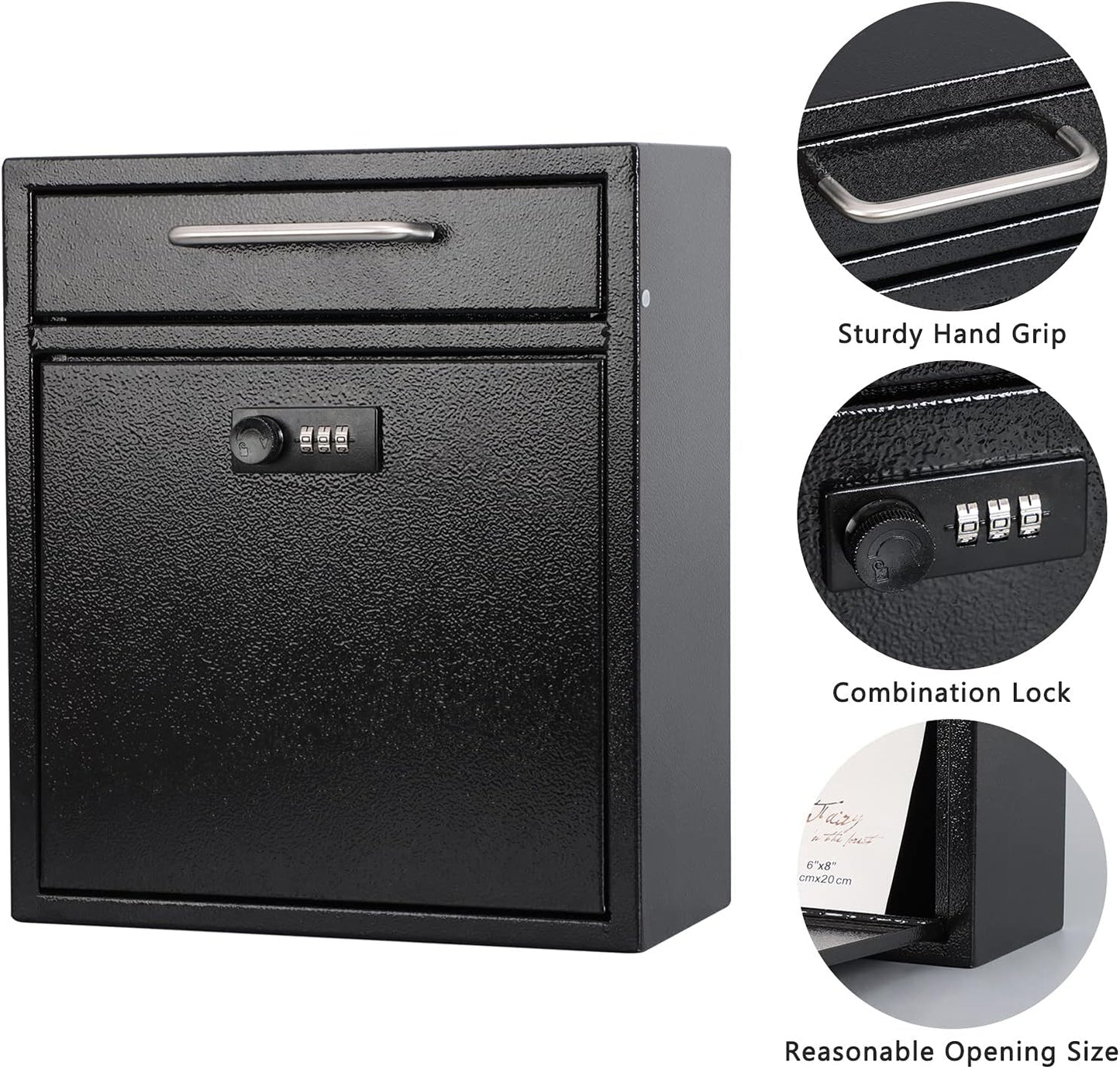 KYODOLED Steel Combination Lock Mail Boxes Outdoor,Locking Wall Mount Mailbox,Security Key Drop Box,12H x 10.51L x 4.68W Inches,Black Large