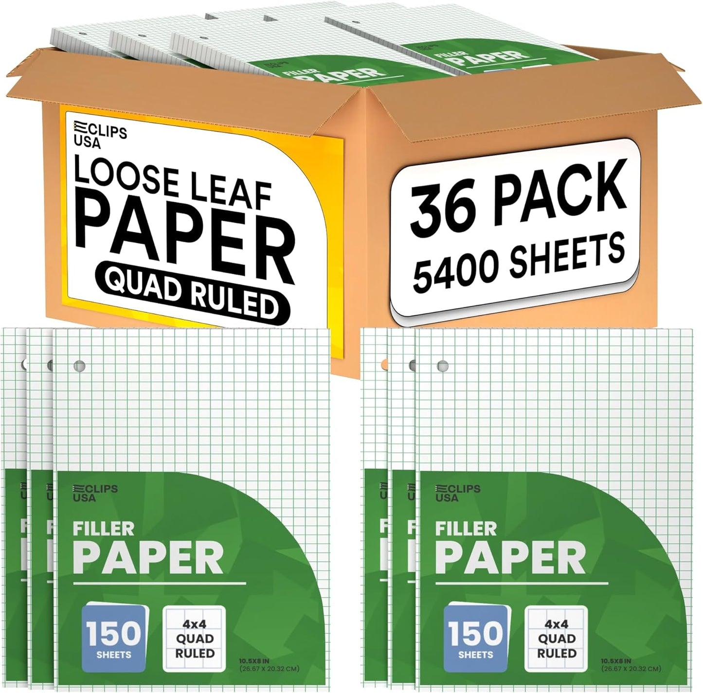 Graph Paper, Loose Leaf Graph Paper, 4 x 4 An Inch Quad Ruled Graph Paper, 10.5” x 8” Graphing Paper, 56 gsm, 150 Per Pack (36 Pack)