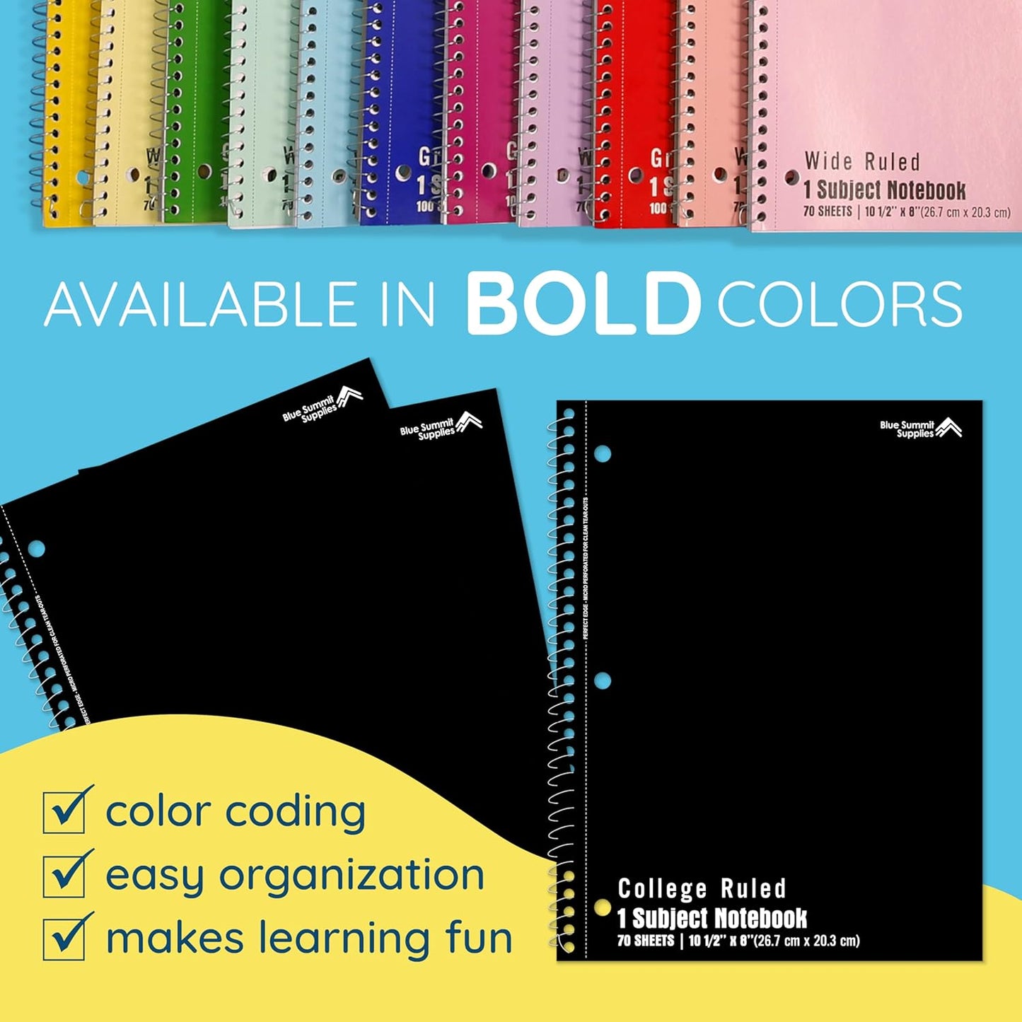 Blue Summit Black Spiral Notebooks Bulk, One Subject Spiral Notebook College Ruled, Perforated Notebook, 8 x 10.5 for Work and School, Paper, College Ruled, Bulk 48 Pack