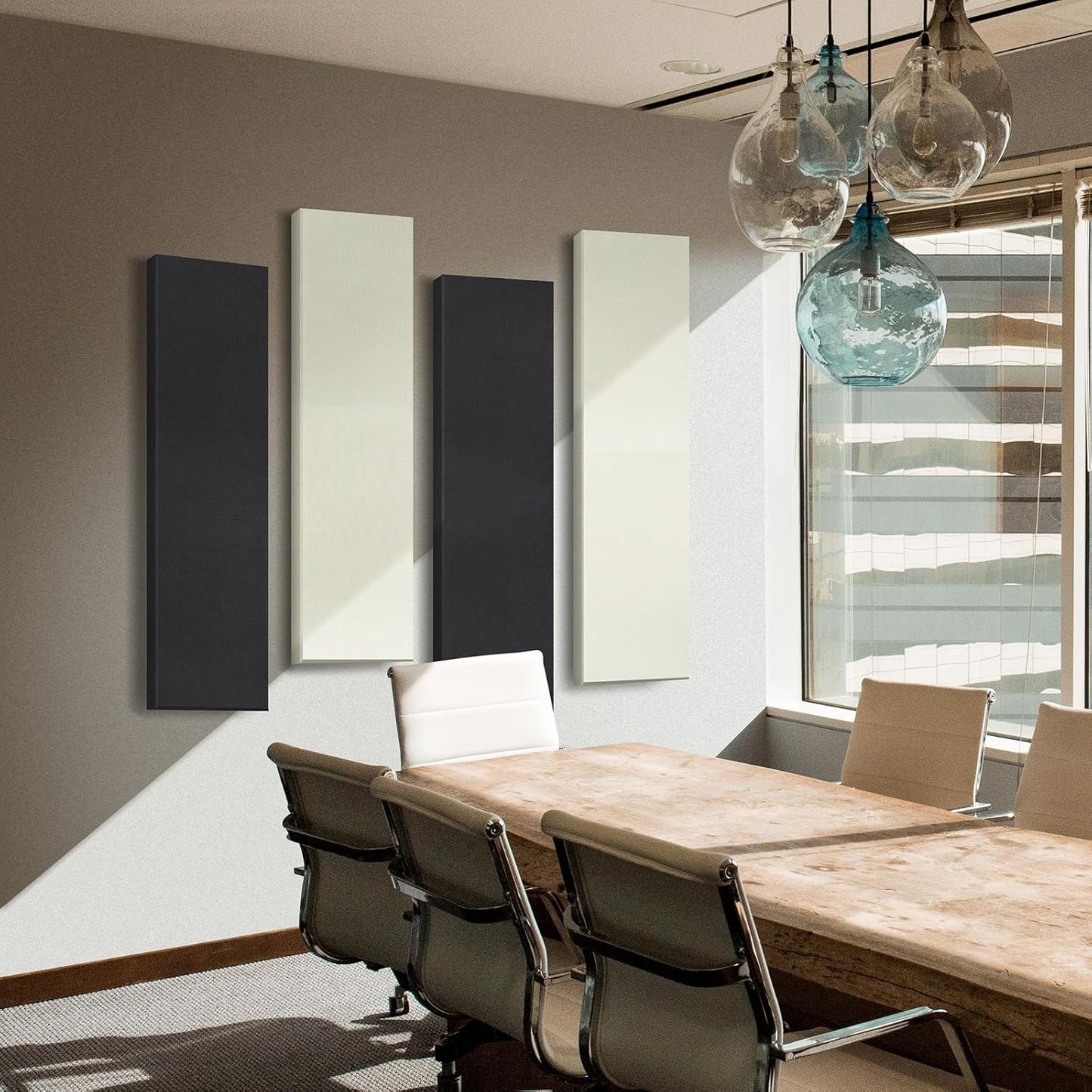 UMIACOUSTICS 2 PCS Fiberglass Acoustic Panels, 48x12x2 Inches Sound Absorbing Panels, Self-adhesive Sound Proof Panels for Studios, Office, Home Theater. (Off White)