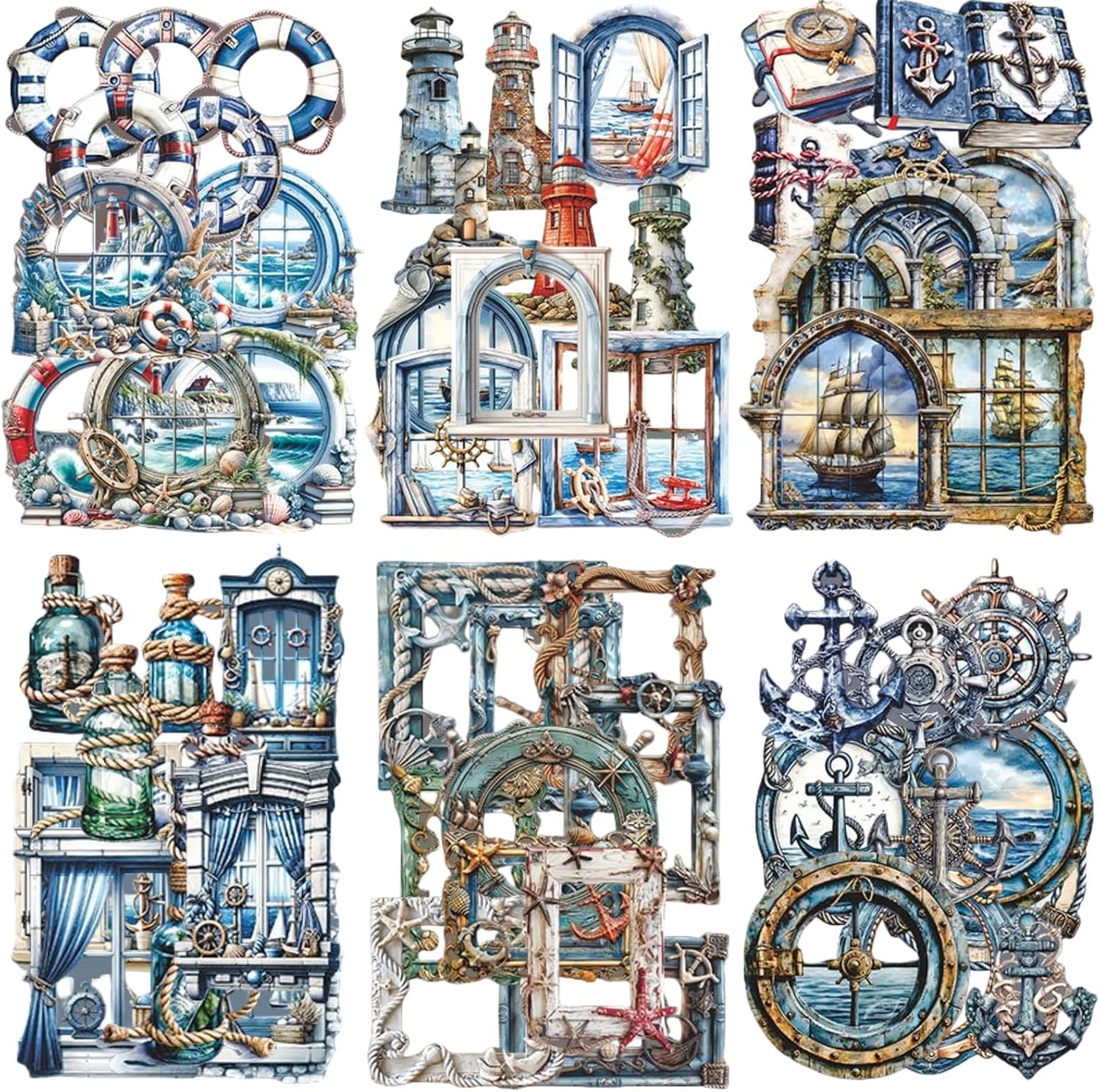 60 Pieces Vintage Maritime Themed Cardstock Cutout Frame Stickers, Aesthetic Scrapbook Stickers for DIY Diary Junk Journal Handbook Album Decoration Label Sticker Journaling Scrapbooking Supplies