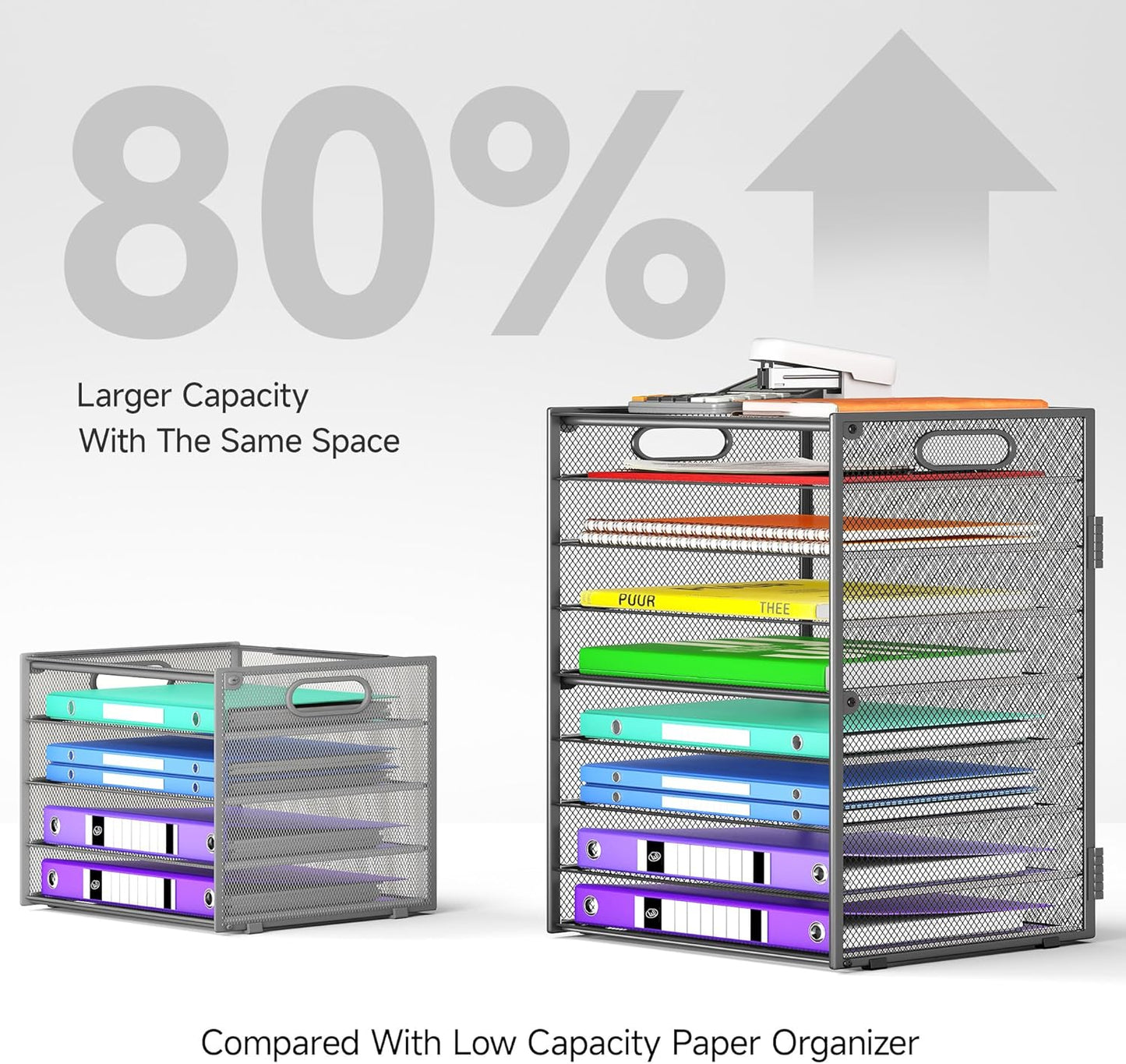 9 Tier Paper Organizer with Handle, Large Capacity Desk Organizer Mesh Paper Letter Tray File Folder Document Sorter for Classroom and Office Accessories Organization- Grey (2 Pack)